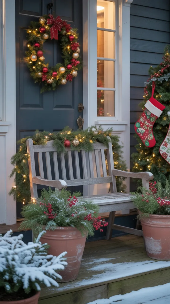 Snow-Kissed Porch Dressed in Twinkling Wreaths and Holiday Warmth