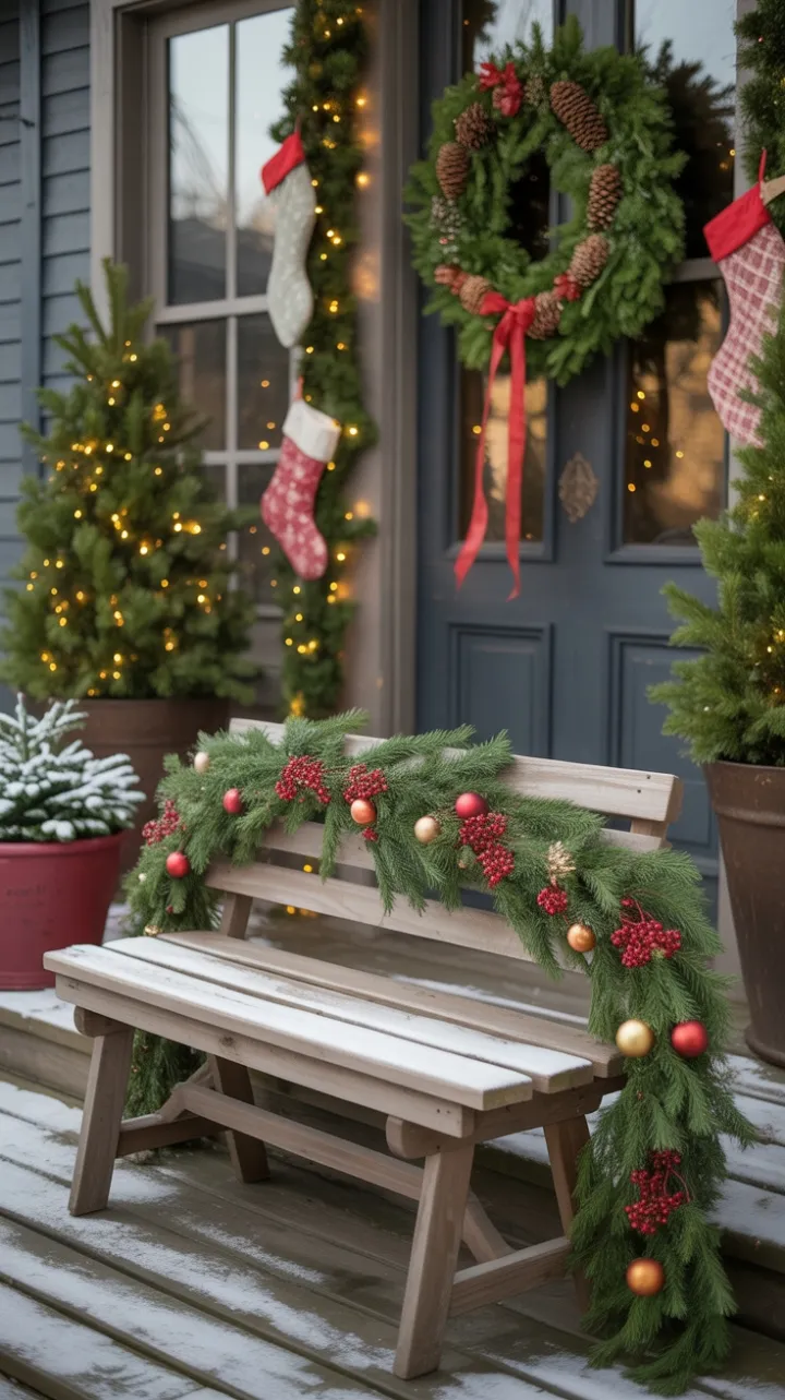 Snow-Kissed Christmas Porch with Rustic Bench, Twinkling Evergreens, and Wreath