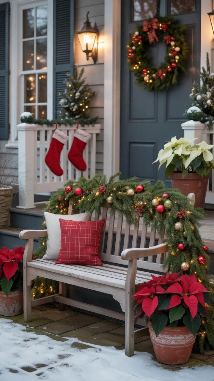 Snow-Kissed Christmas Porch with a Cozy Bench Draped in Twinkling Lights