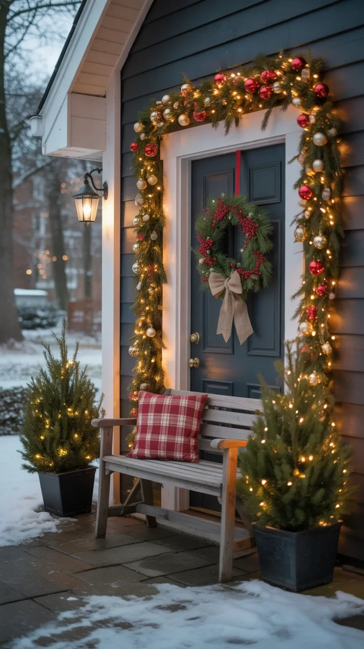 Warm Lights and Fresh Snow on a Cozy Christmas Porch
