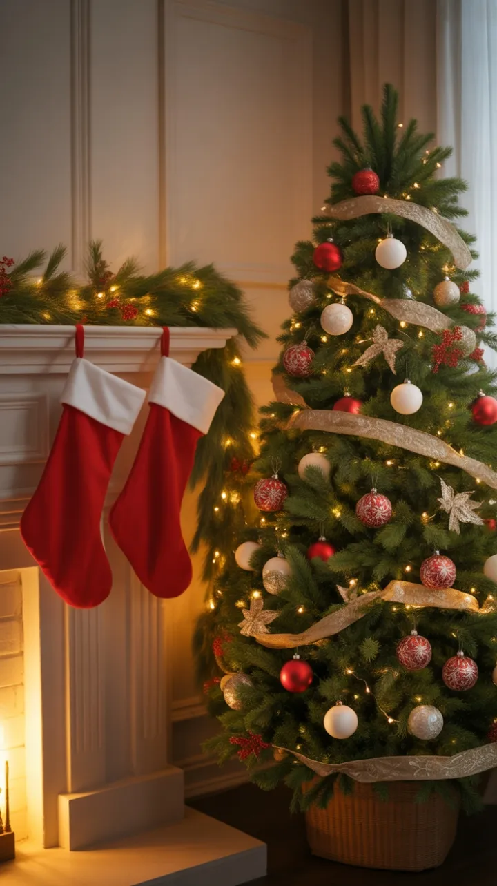 Warm Fireside Christmas with Lush Tree and Twinkling Lights