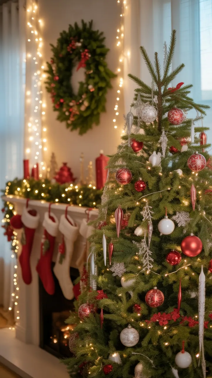 Twinkling Tree and Warm Hearth in a Cozy Christmas Living Room