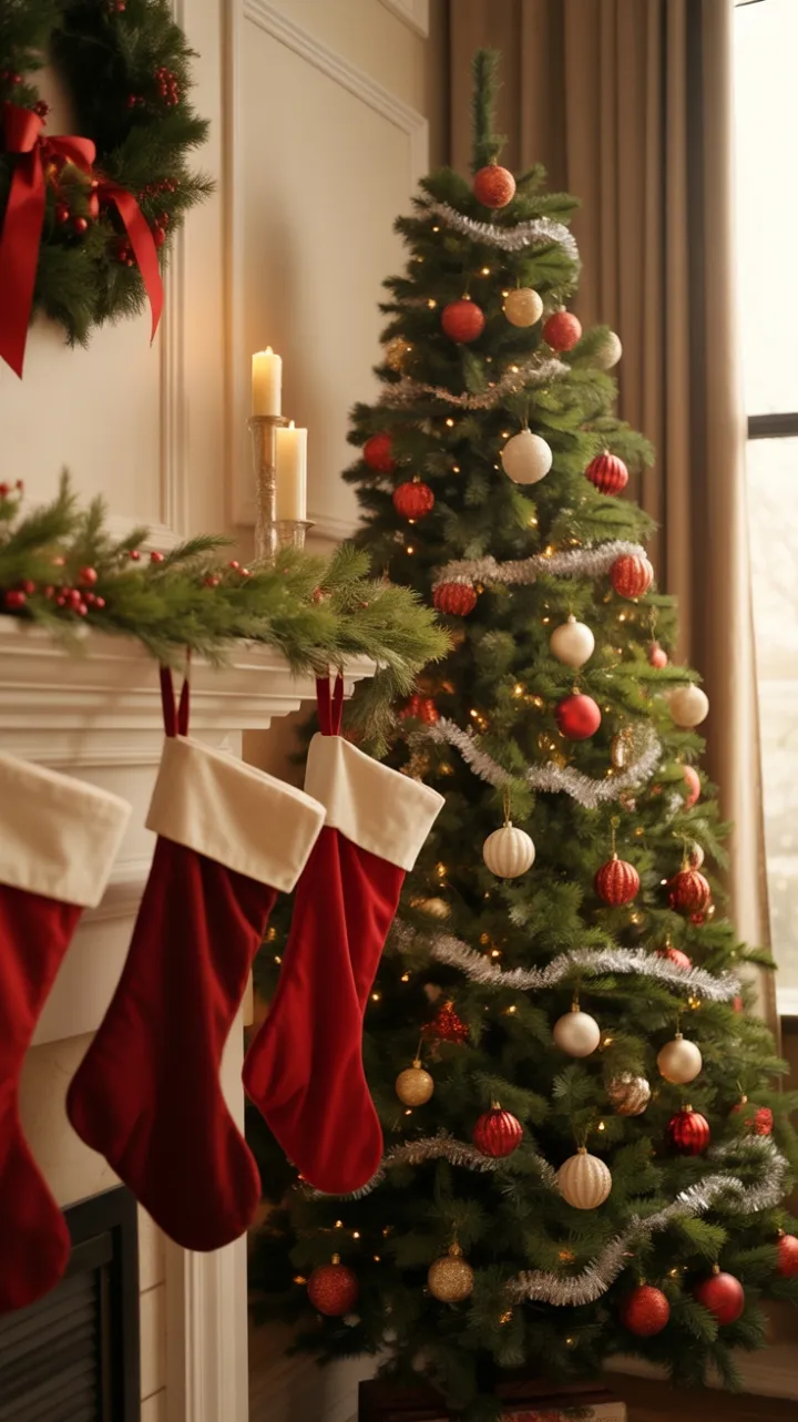 Velvet Stockings and Twinkling Lights in a Classic Christmas Living Room