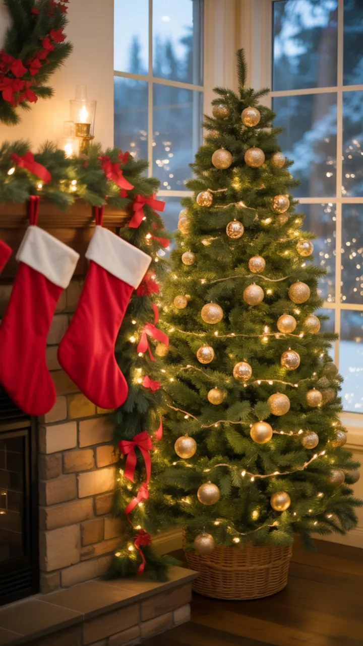 Hearthside Glow Beneath a Golden Christmas Tree