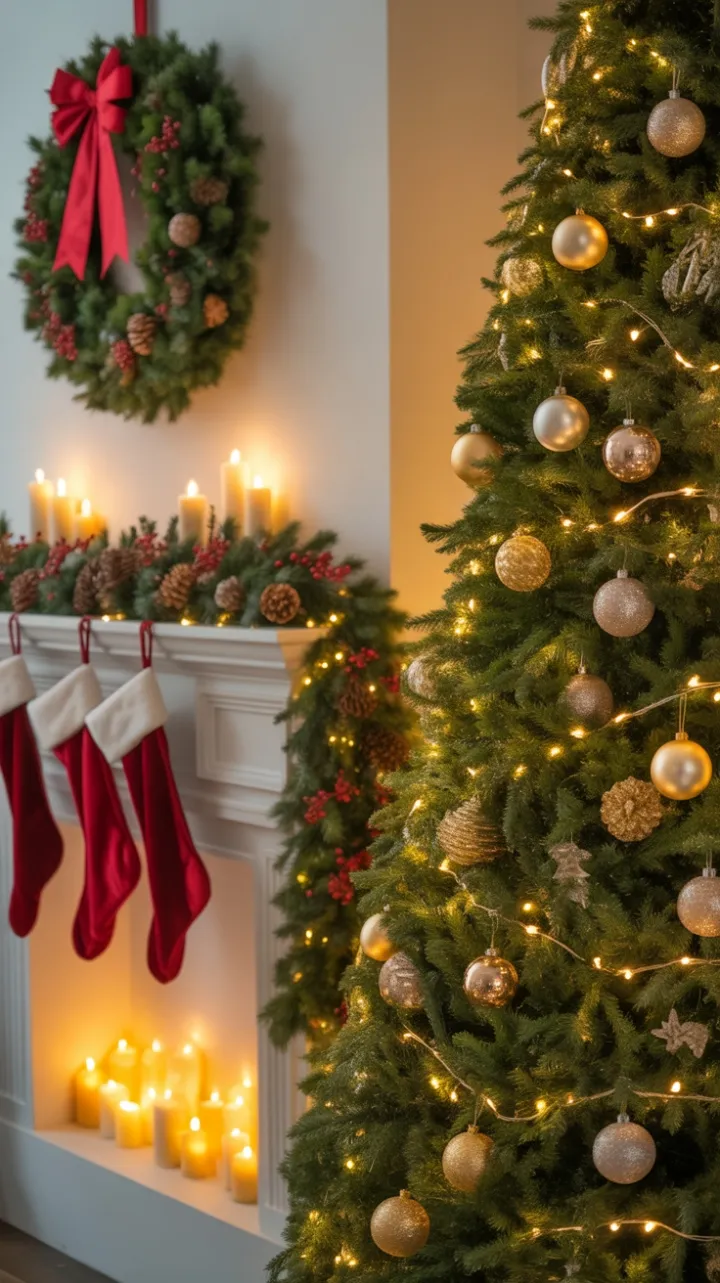 Golden Hearth Christmas with Velvet Stockings and Twinkling Lights