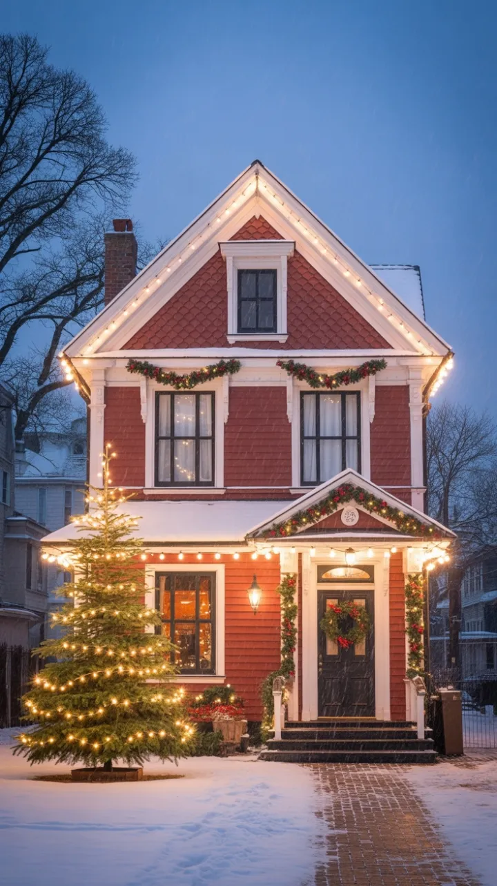 Red Victorian Wrapped in Christmas Lights