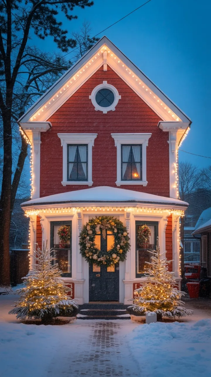 Twilight Magic on a Snow-Kissed Red Victorian Dressed for Christmas