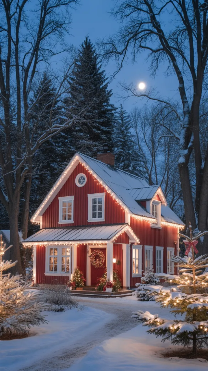 Moonlit Christmas at the Red House of Twinkling Lights
