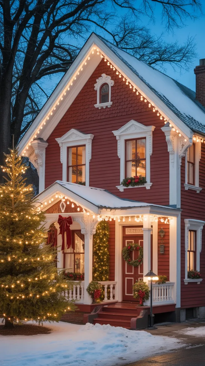 A Red Victorian Wrapped in Christmas Light and Snow