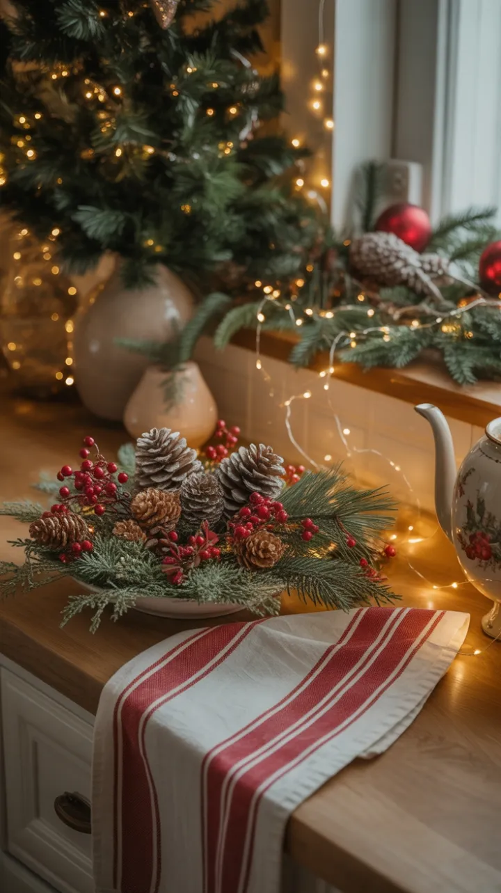 Twinkling Holiday Kitchen with Pinecones, Striped Towels, and Warm Lights