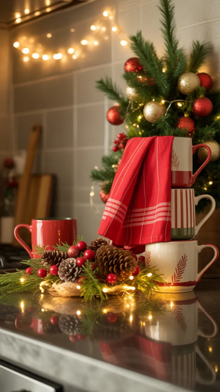 Twinkling Holiday Kitchen with Cozy Mugs, Evergreens, and Pinecone Centerpiece