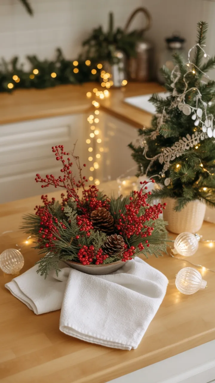 Cozy Christmas Countertop Dressed in Berries, Pinecones, and Twinkle Lights
