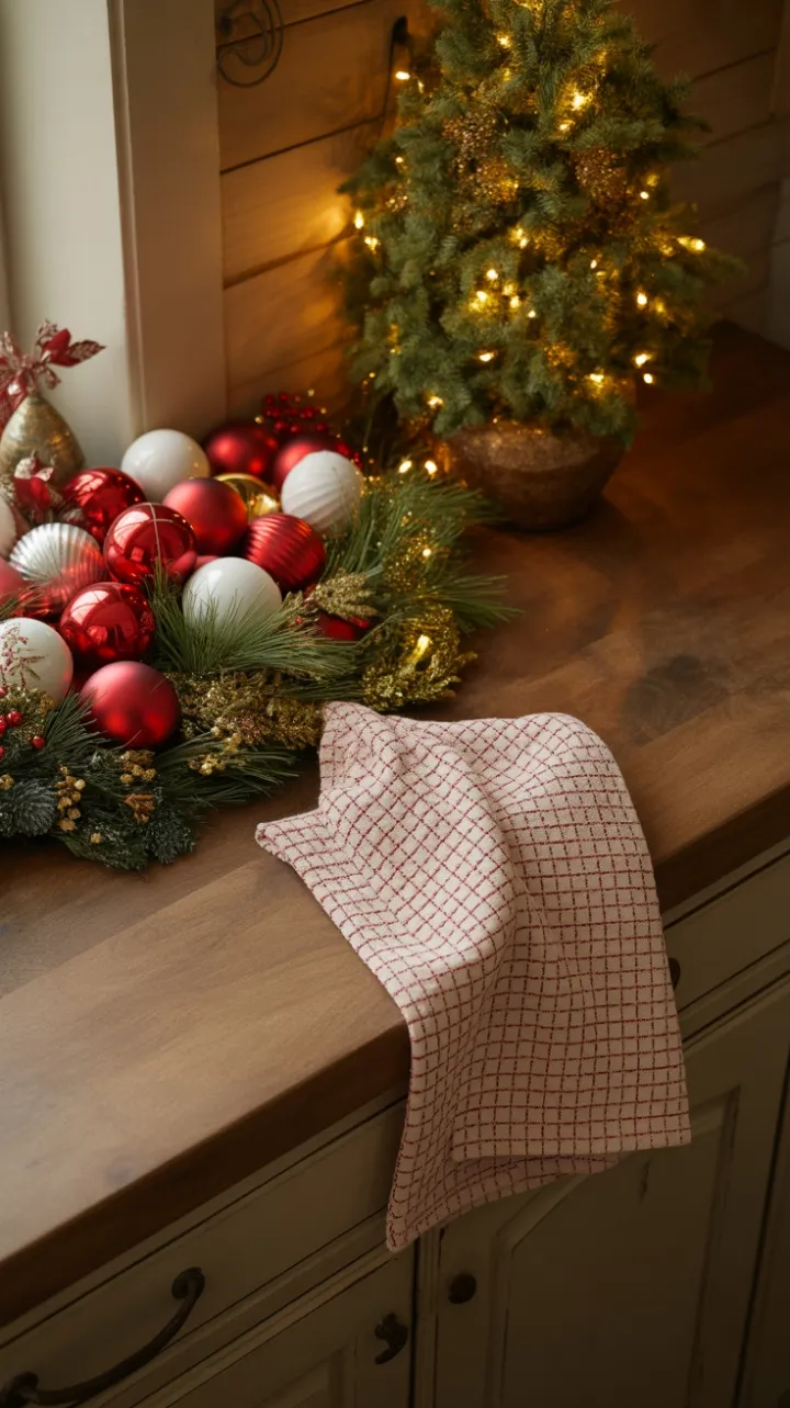 Cozy Rustic Christmas Countertop Dressed in Red, Gold, and Light