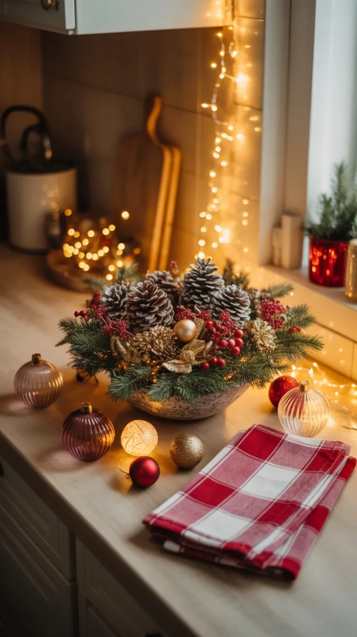 Cozy Rustic Christmas Countertop Bathed in Golden Glow
