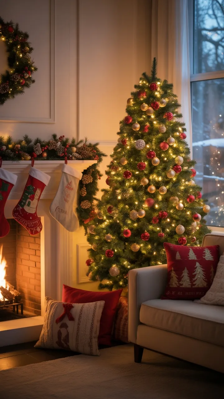 Cozy Christmas Hearth with Twinkling Tree and Snowy Window