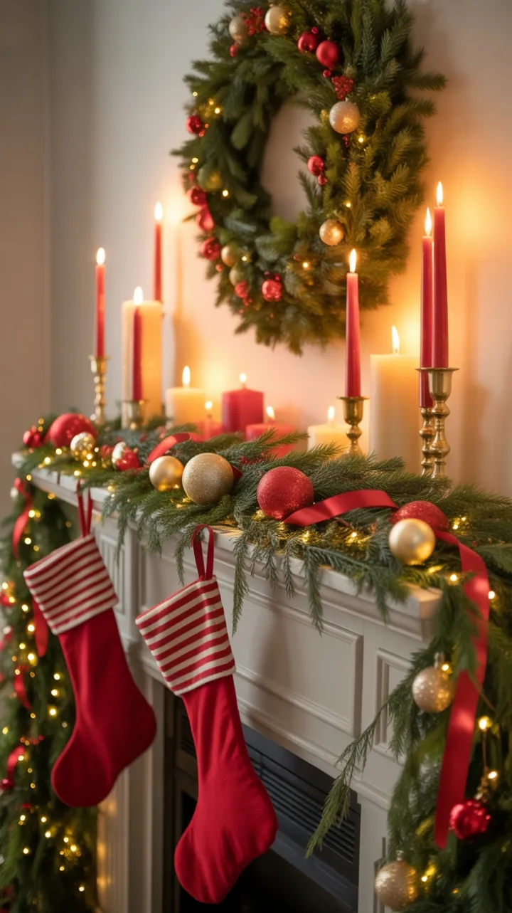 Cozy Christmas Mantel Draped in Evergreen Garland, Ribbons and Twinkling Lights