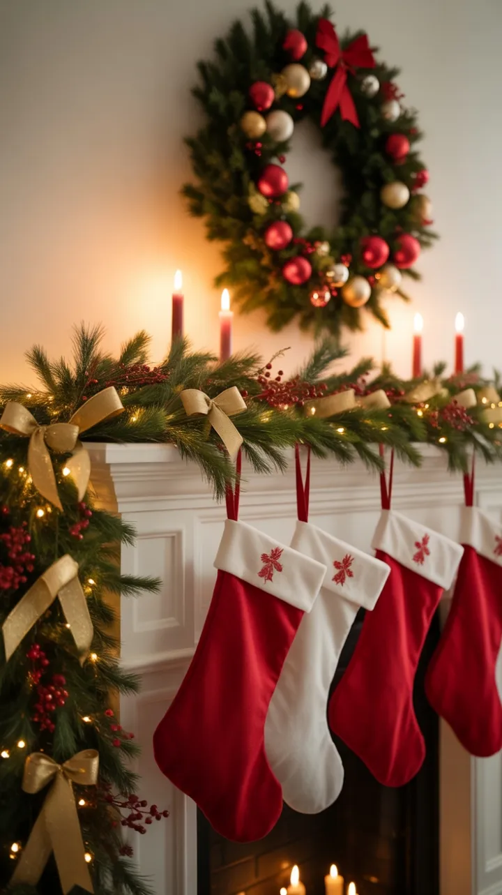 Cozy Christmas Mantel Aglow with Gold, Berries, and Candlelight