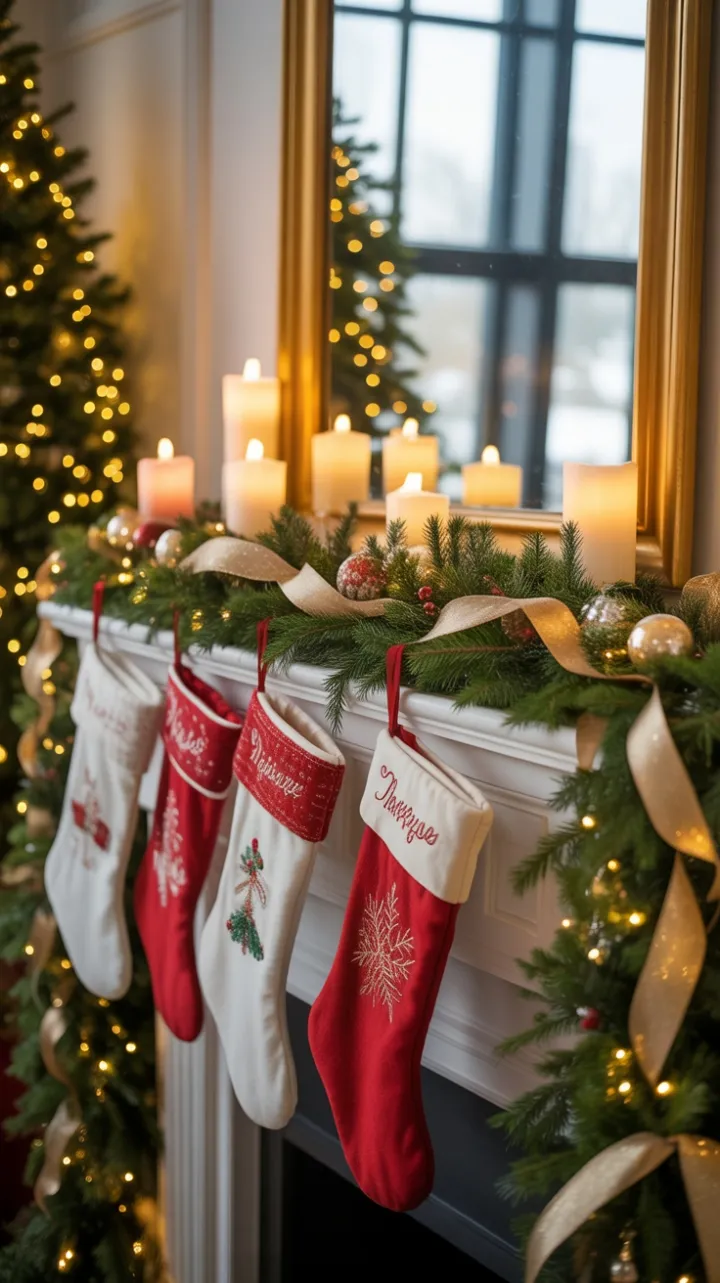 Candlelit Mantel Dressed in Evergreen, Gold Ribbons and Cozy Stockings