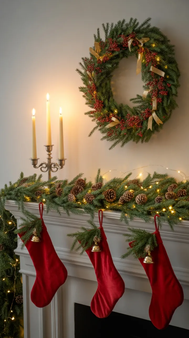 Cozy Christmas Mantel Dressed in Velvet Gold and Twinkle