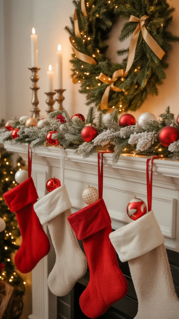 Cozy Hearth with Snow-Kissed Garland, Twinkling Wreath and Candlelit Stockings
