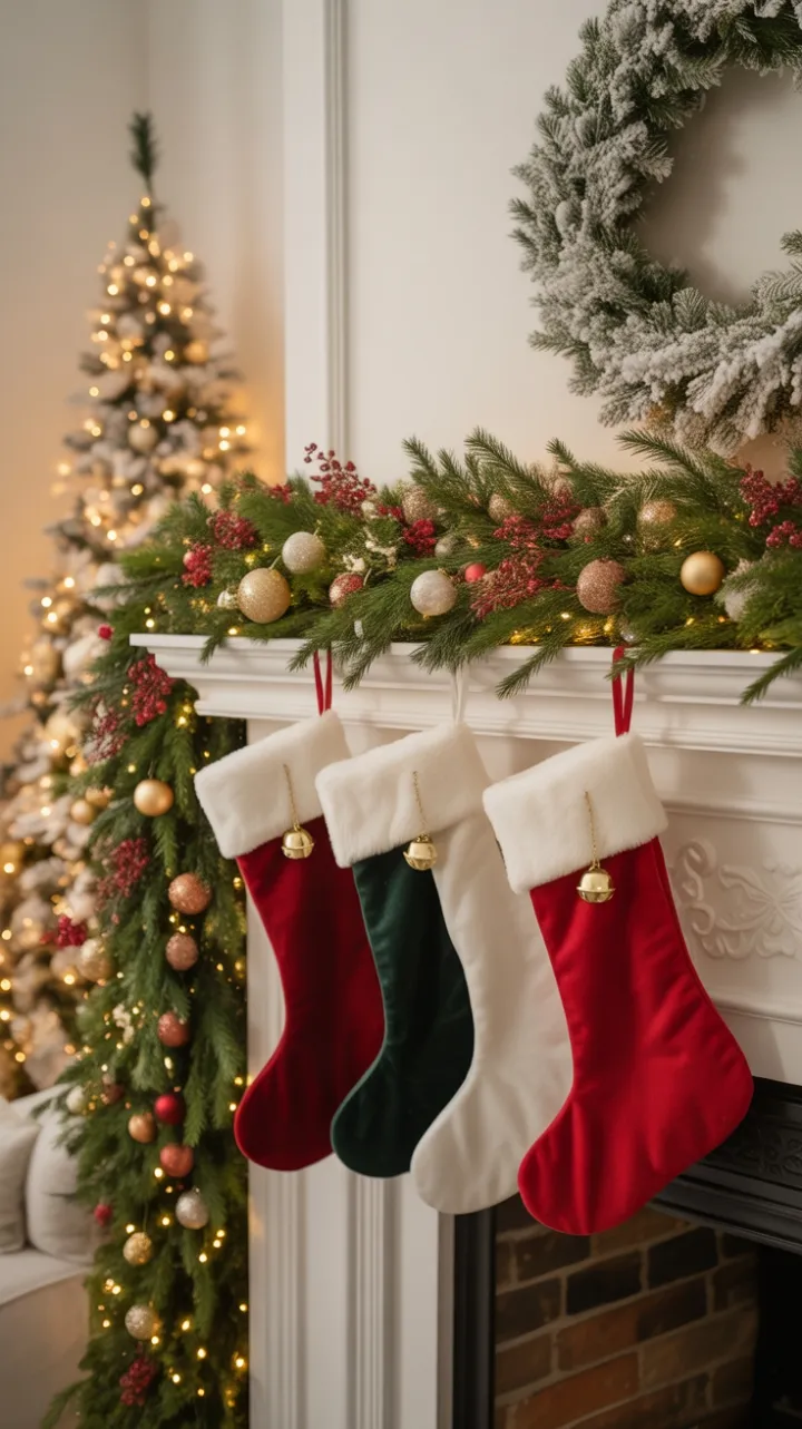 Velvet Stockings and Twinkling Greens for a Cozy Holiday Mantel