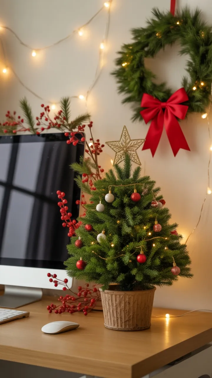 Warm Holiday Desk Dressed in Evergreen, Berries, and Twinkling Lights