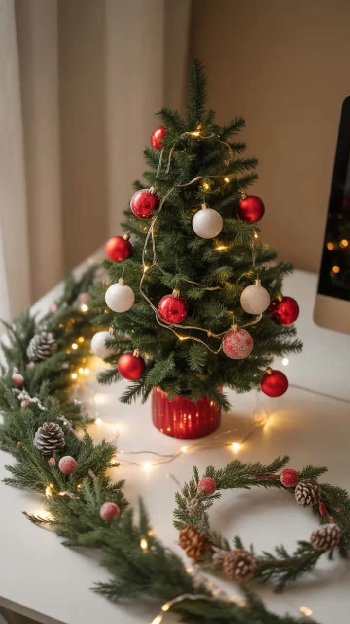 Holiday Desk Delight with Mini Fir, Garland and Twinkling Lights