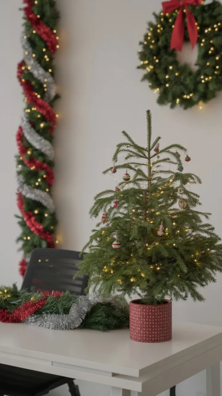 Twinkling Office Desk Dressed for a Cozy Christmas