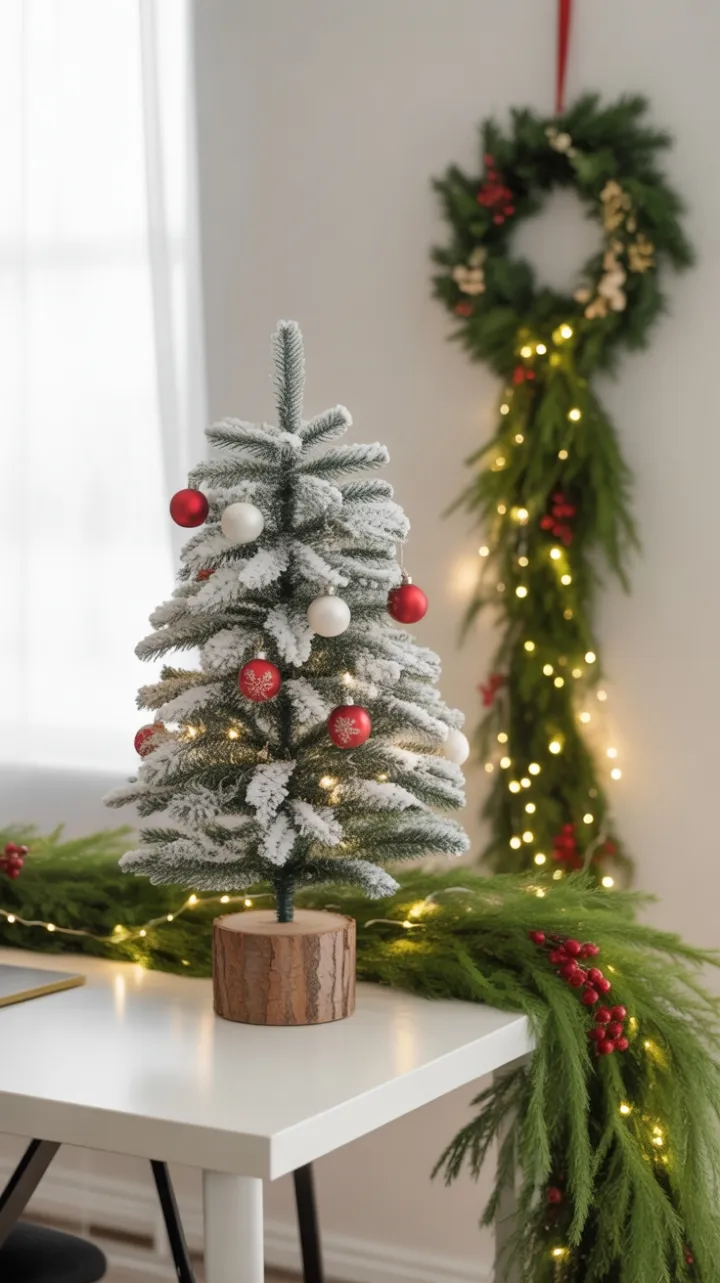 Cozy Christmas Desk with Snowy Mini Tree and Twinkling Lights