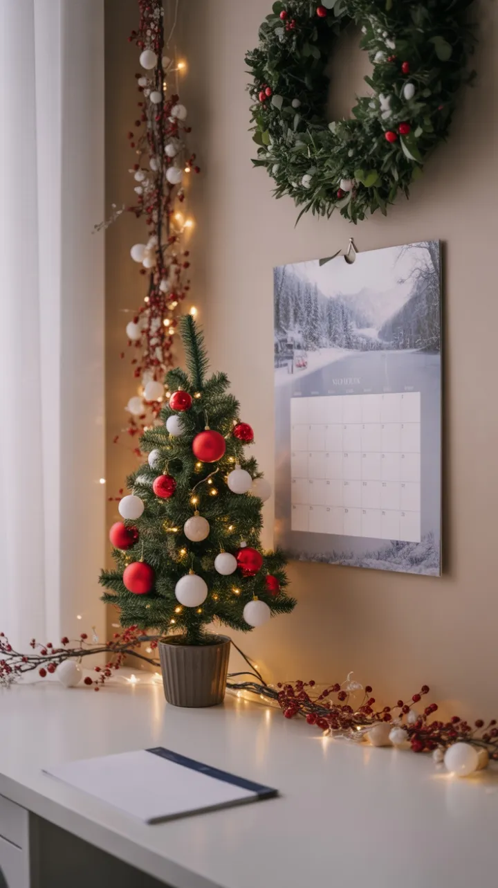 Cozy Holiday Desk with Miniature Fir, Twinkling Lights and Winter Charm