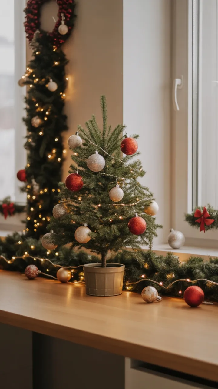 Twinkling Office Cheer with Mini Fir and Warm Holiday Glow