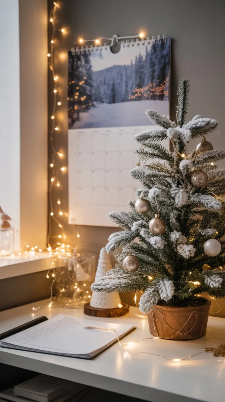 Snow-Kissed Desk with Twinkling Lights and a Miniature Festive Fir