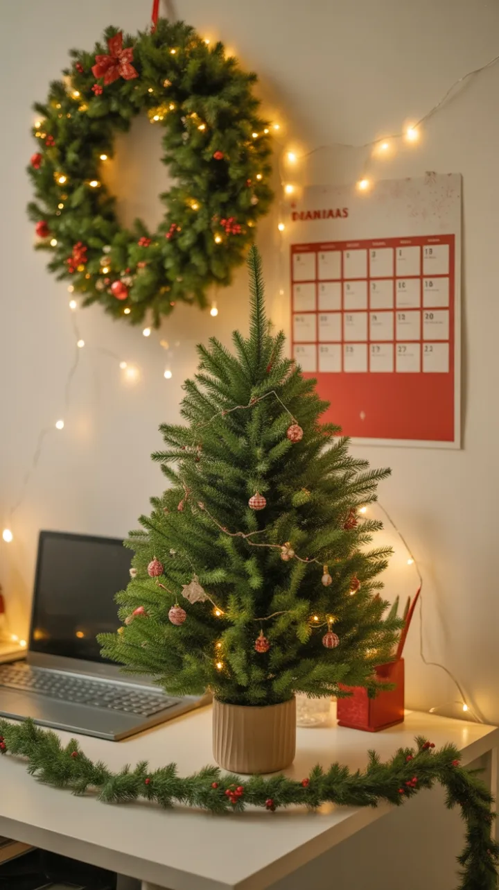 Cozy Christmas Desk with Mini Evergreen, Twinkling Wreath, and Warm Lights
