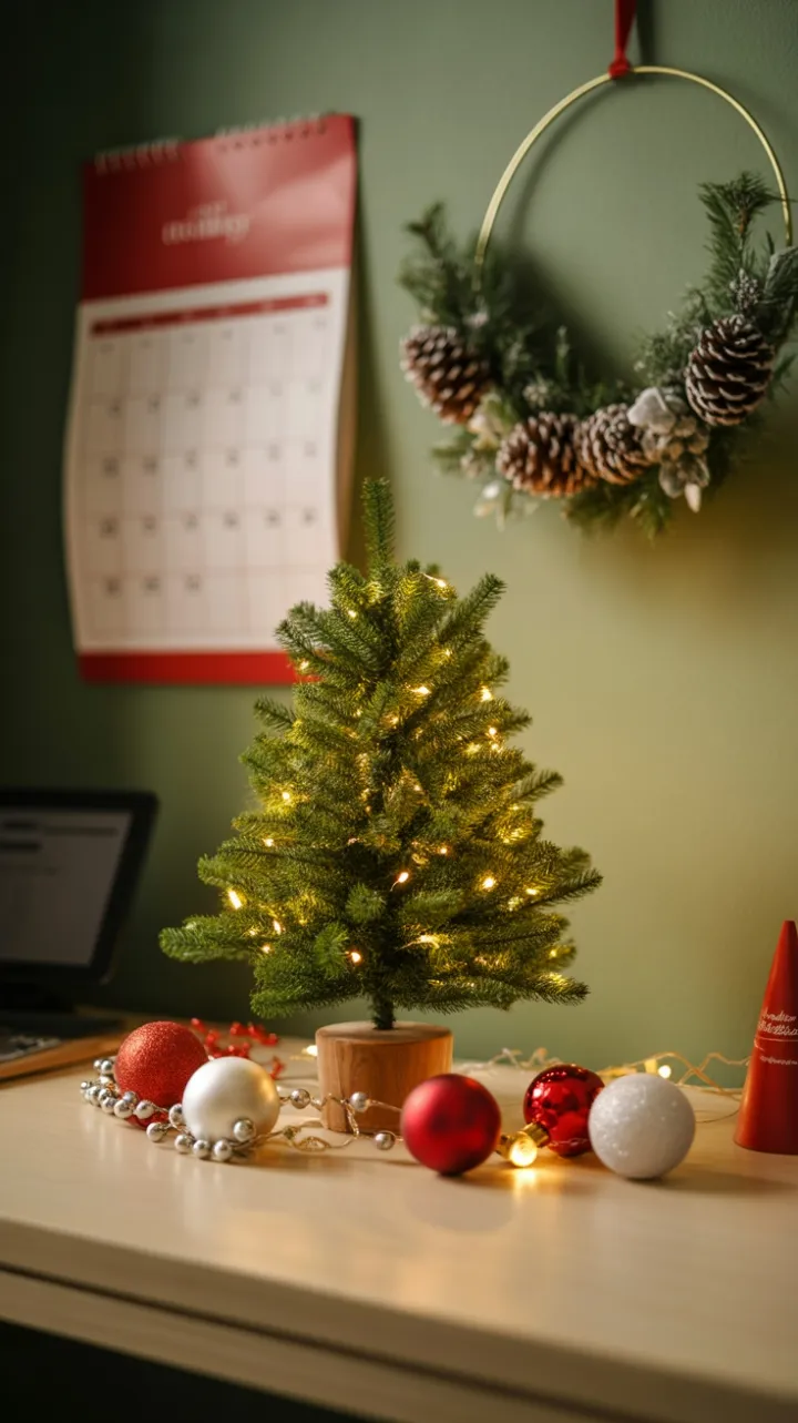 Warm Holiday Desk with Mini Fir, Twinkling Lights, and Festive Charm