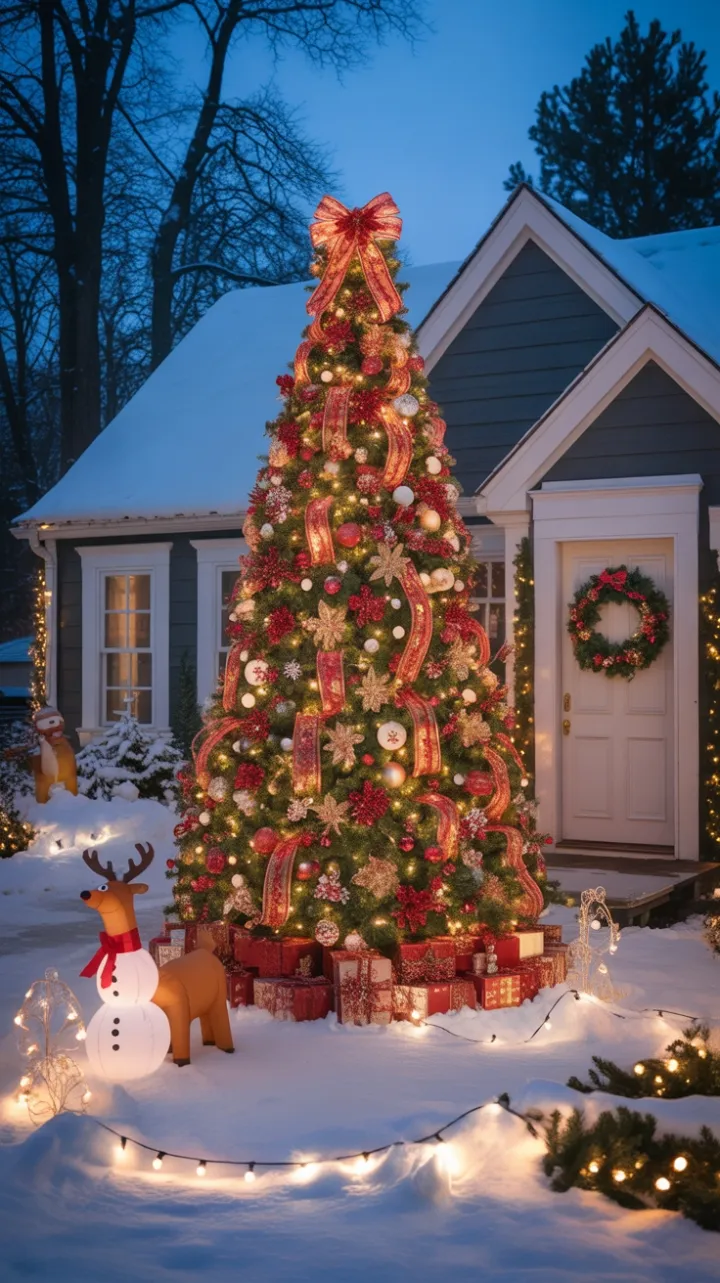 Snow-Kissed Front Yard Transformed into a Dusk-Lit Christmas Wonderland