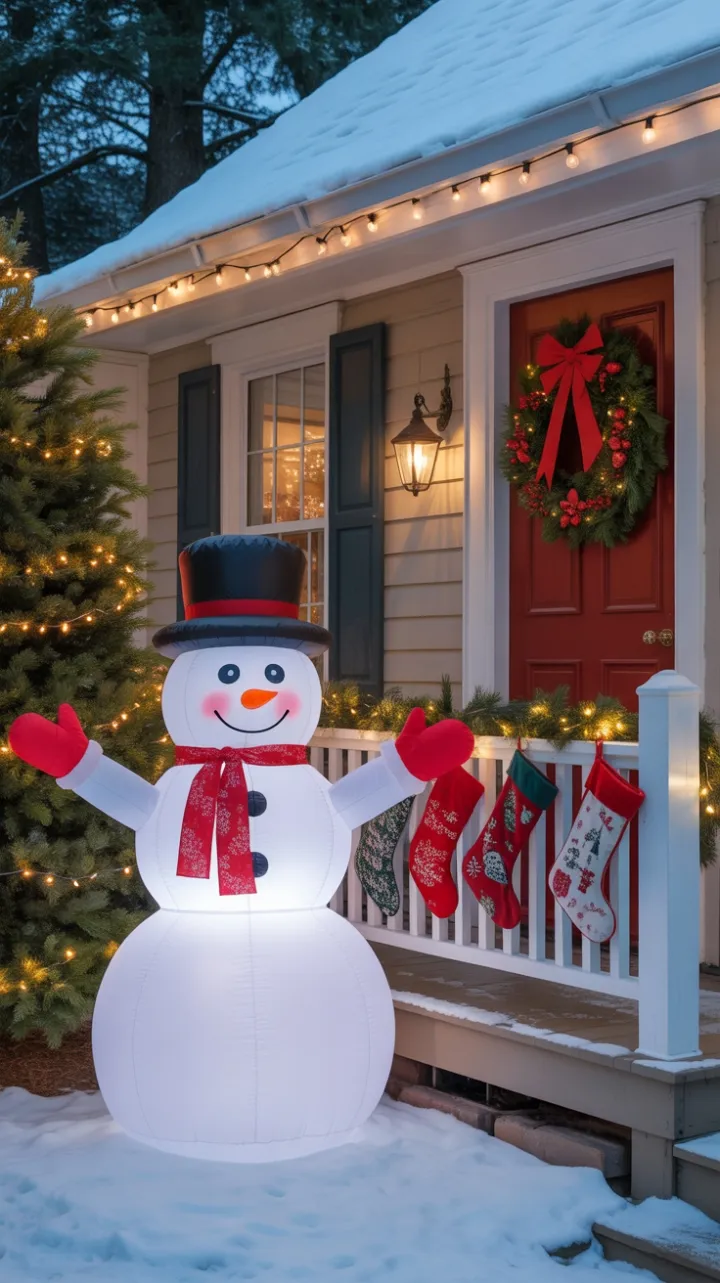 A Snowman's Warm Welcome on a Snow-Covered Holiday Lawn
