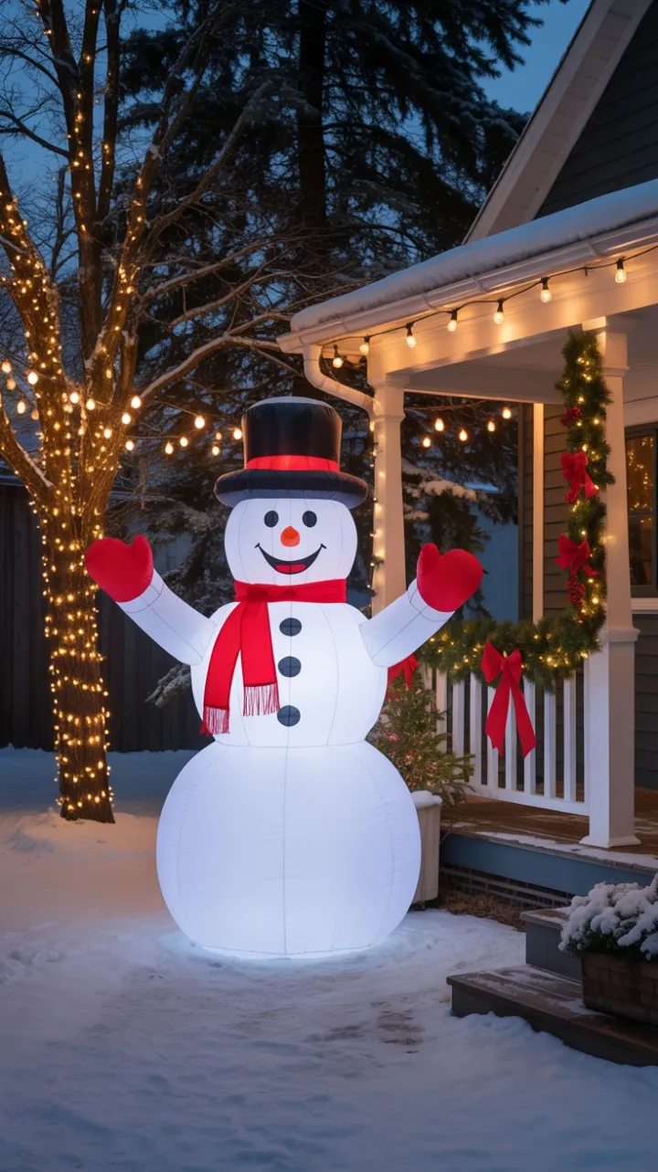 Glowing Snowman Lights Up Cozy Snow-Covered Holiday Yard