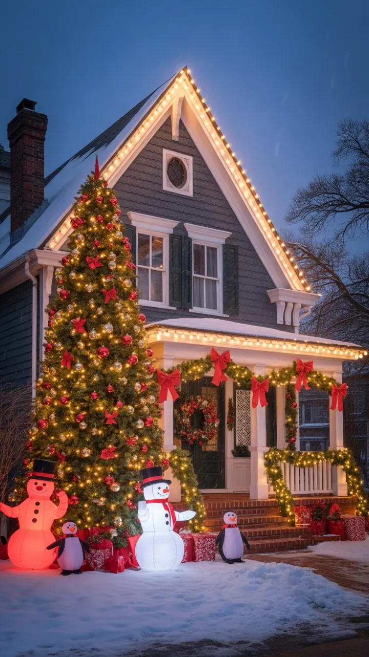 Snow-Kissed Victorian Home Aglow with Festive Lights and Cheer