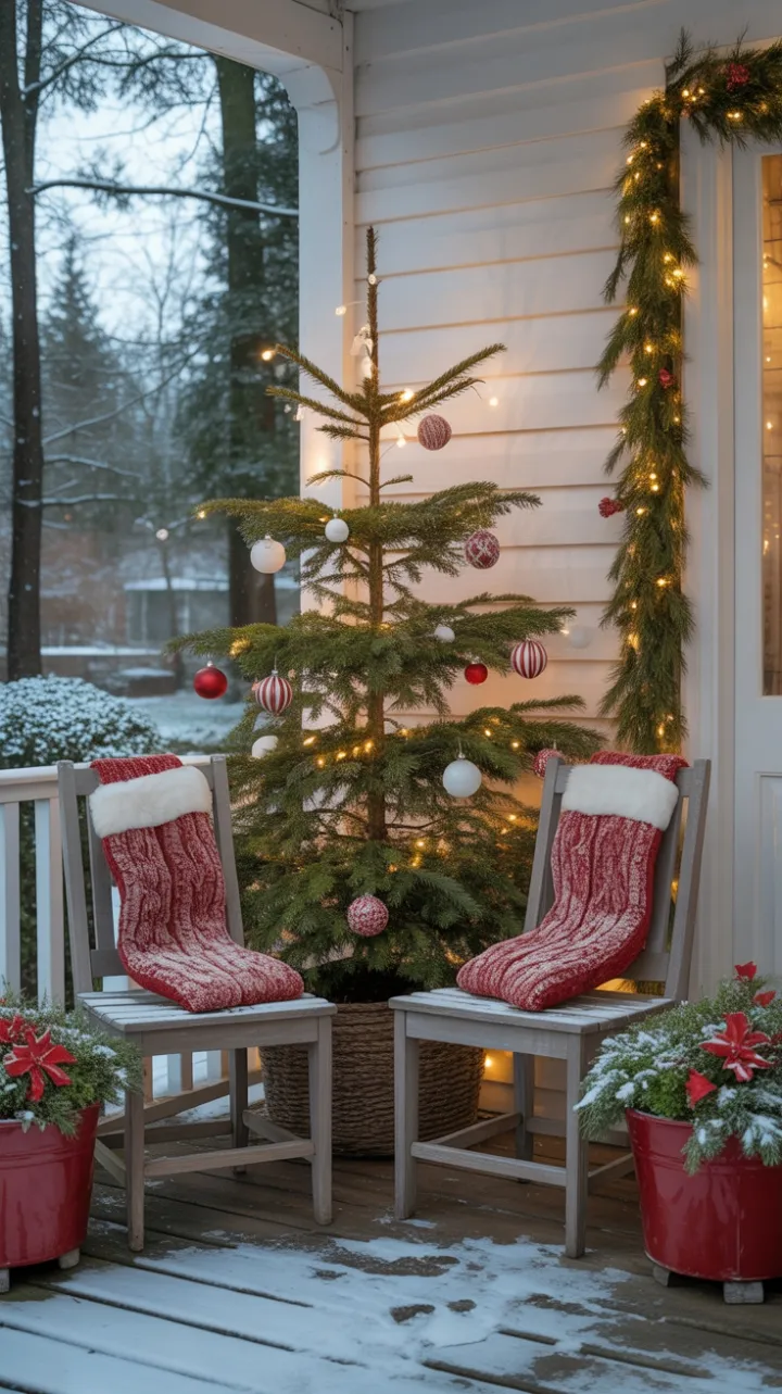 Snow-Kissed Christmas Porch with Twinkling Evergreen and Inviting Stockings