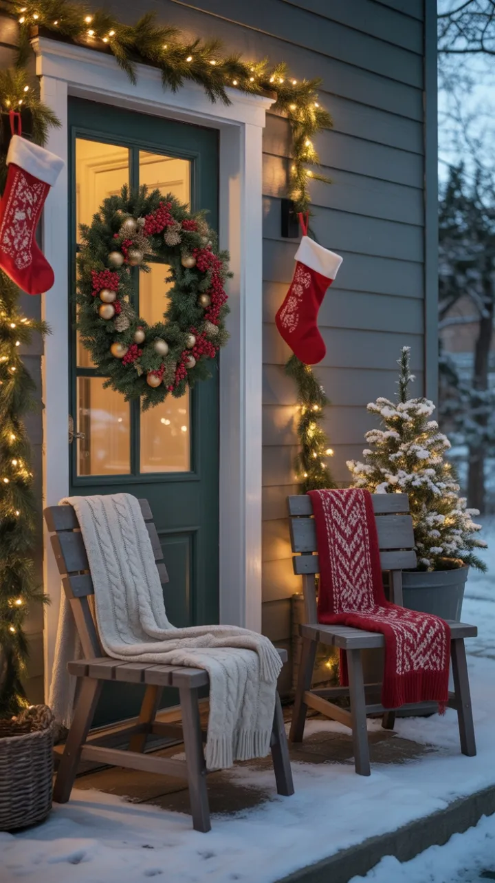Snow-Kissed Porch with Twinkling Lights and Cozy Holiday Warmth