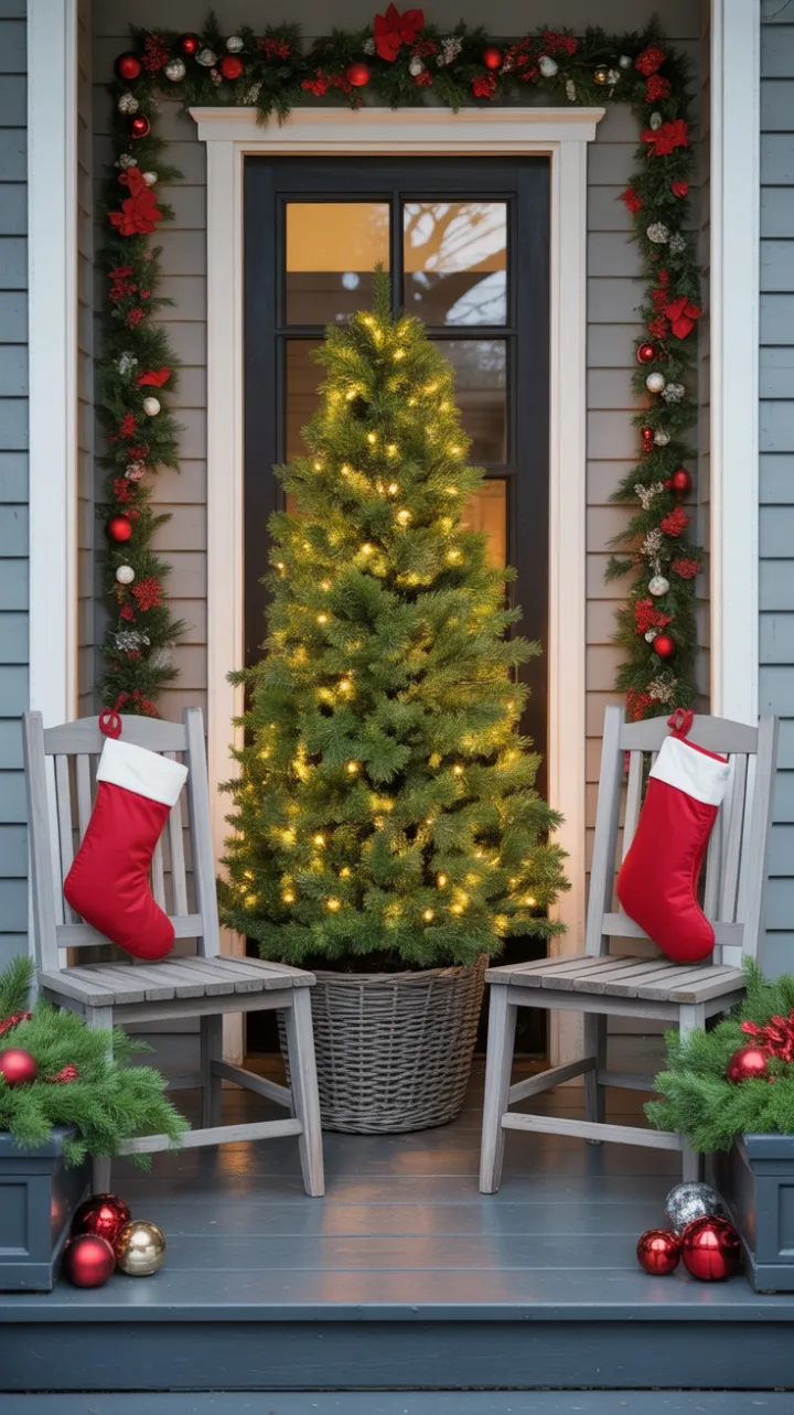 Cozy Porch Christmas with Woven-Basket Evergreen and Twinkling Lights