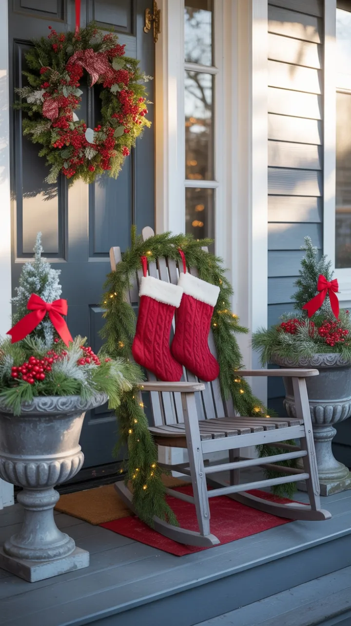 Sunlit Christmas Porch with Twinkling Lights and Crimson Bows