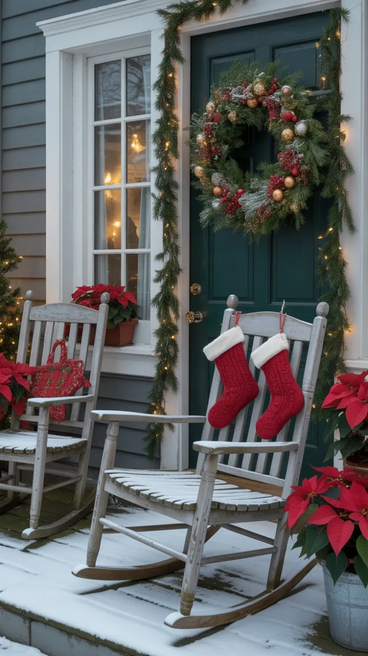 Cozy Christmas Porch Aglow with Snow, Wreaths, and Warm Light