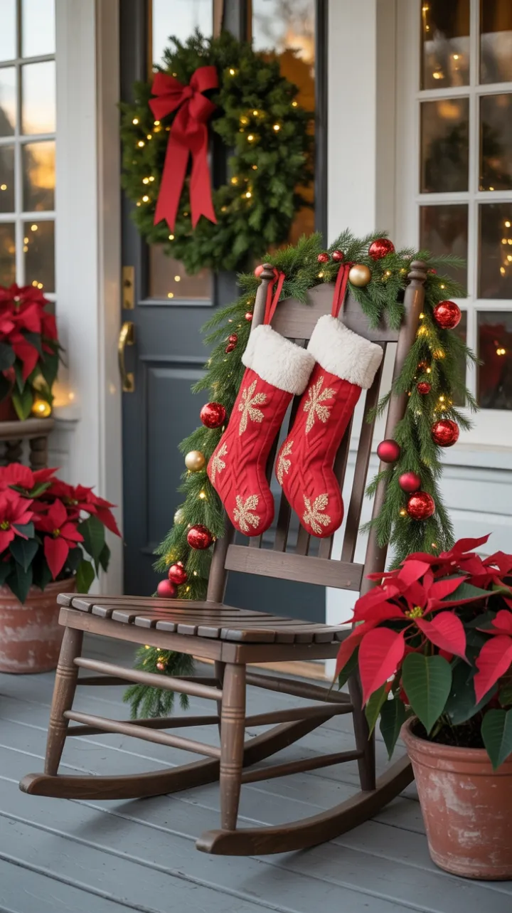 Rocking Chair Holiday Welcome on a Sunlit Christmas Porch