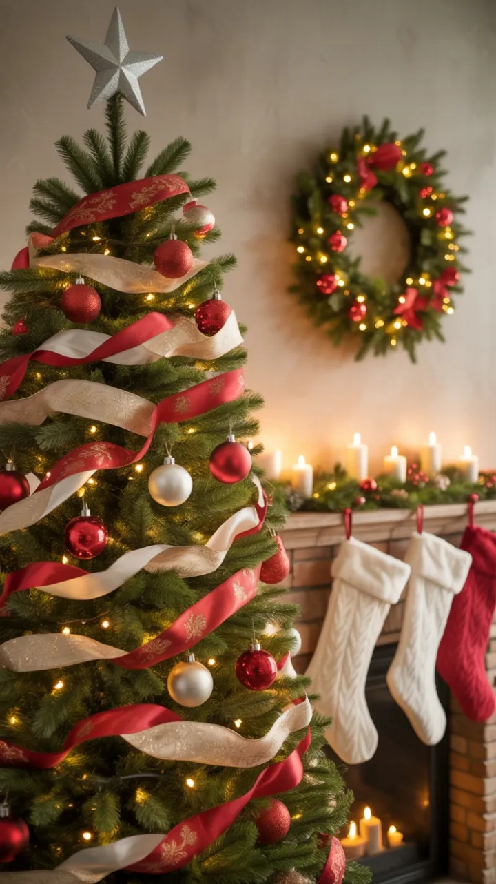 Silver Star Over a Crimson and Ivory Christmas Hearth