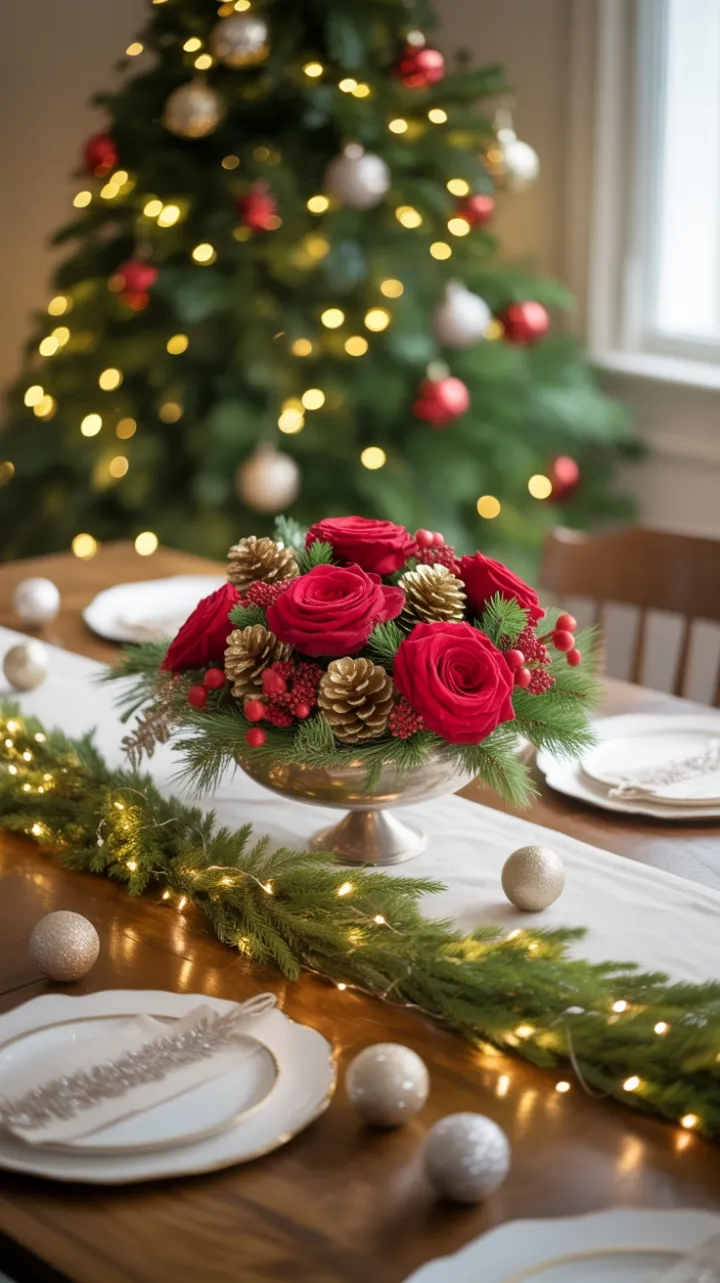 Crimson Roses and Gilded Pinecones Illuminate a Warm Christmas Table