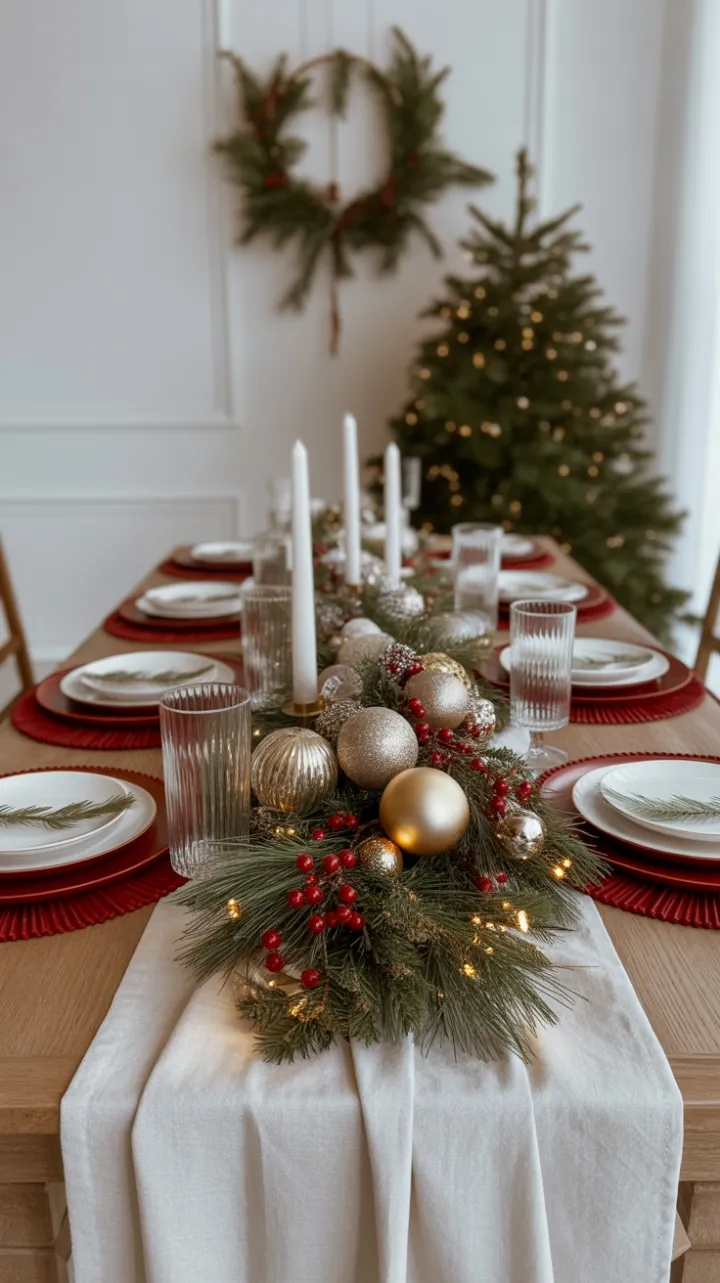 Cozy Christmas Table Dressed in Gold, Pine, and Warm Lights