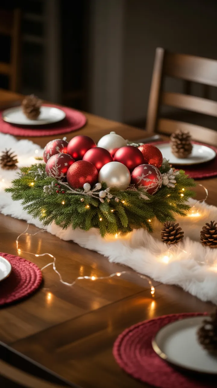 Twinkling Yuletide Table of Red, White, and Pine