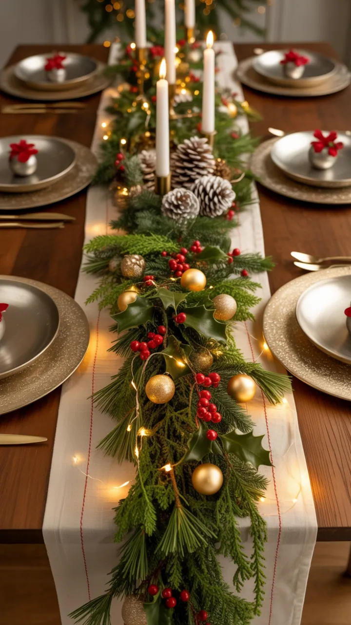 Cozy Christmas Table Dressed in Pine, Gold, and Candlelight