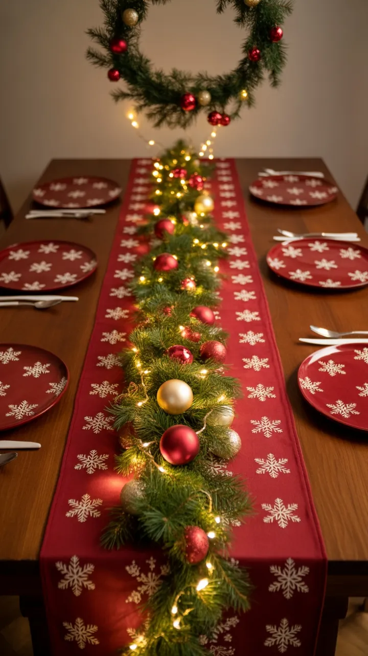 Crimson Holiday Hearth Dressed in Pine Lights and Snowflake Cheer
